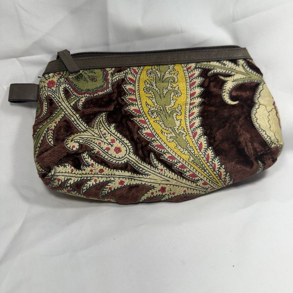 Ceannis Paisley Clutch Purse Bag Yellow Brown Green Sheep Leather Trim